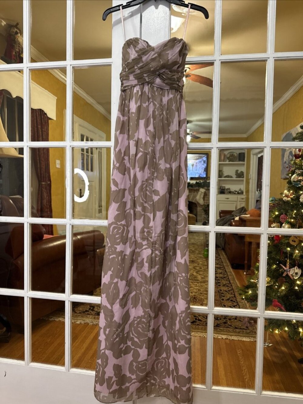 NWT J CREW STRAPLESS LONG GOWN DRESS 0P, SILK CHIFFON WATERCOLOR LILAC BROWN